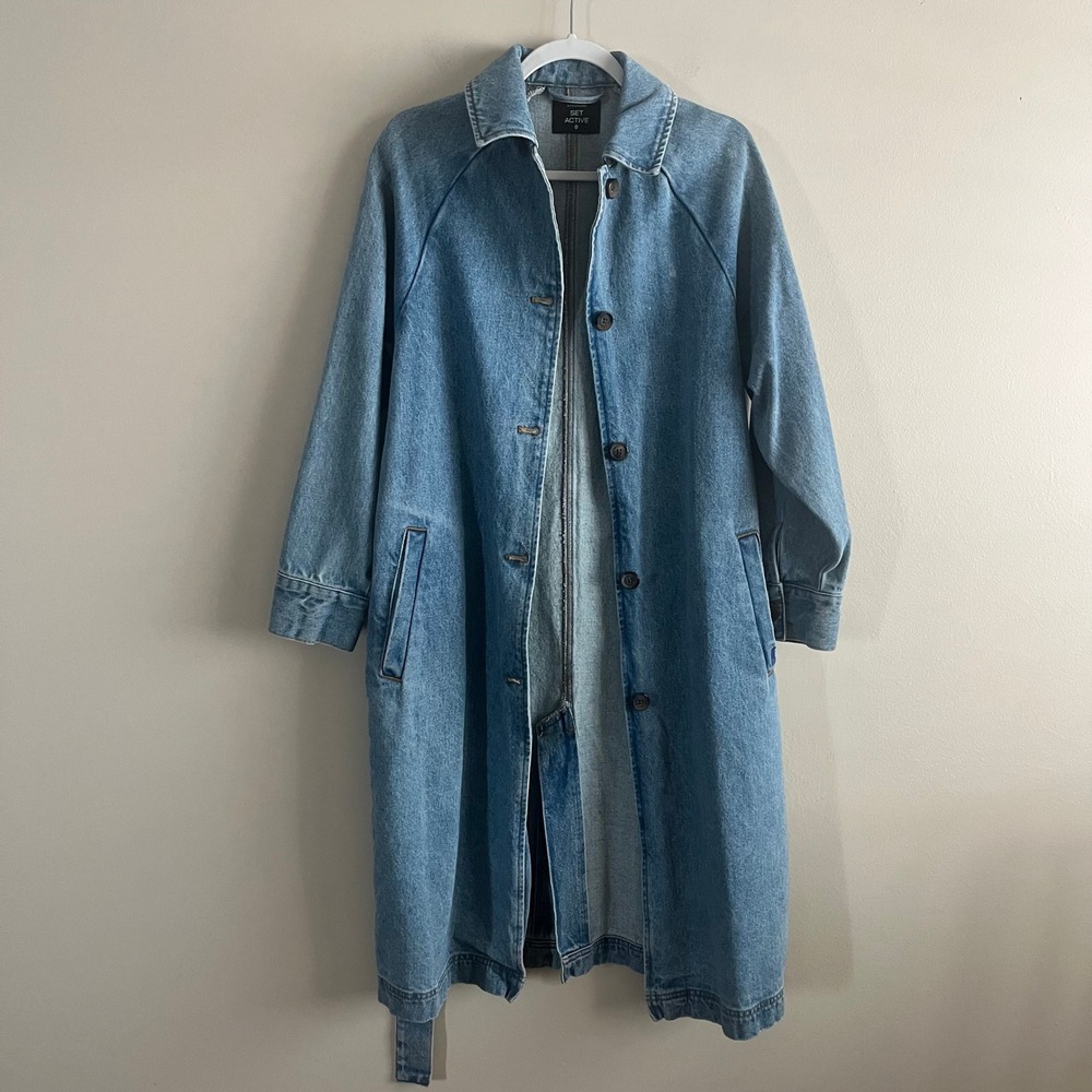Set Active Denim Trench Coat XS Oversized Belted Cotton Long Duster Jacket